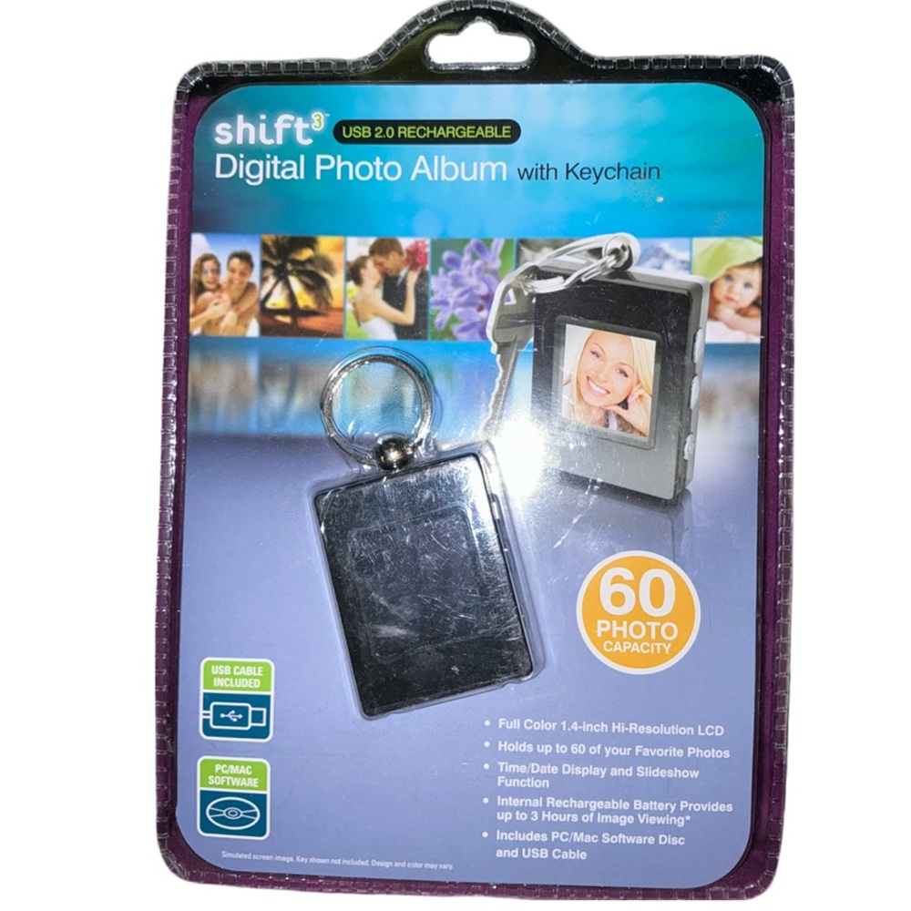 SHIFT3 Digital Photo Album with Keychain USB2 Rechargeable 60 Photo Capacity